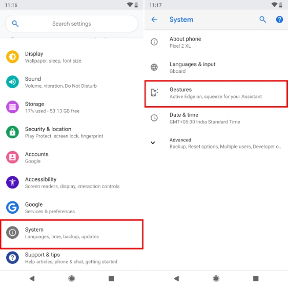 Settings System Gestures