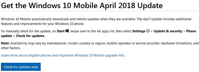 Windows 10 Mobile May Receive April 2018 Update, Suggests Microsoft’s Website