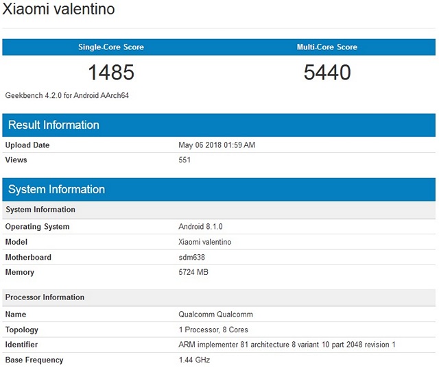 Xiaomi ‘Valentino’ With Unannounced Snapdragon 638 Spotted on Geekbench