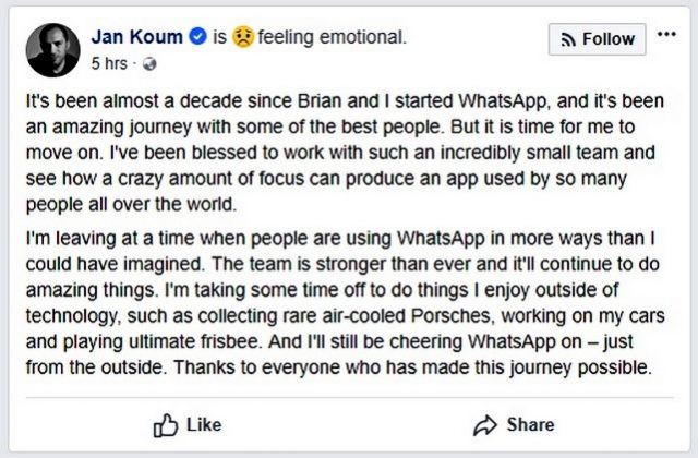 WhatsApp Founder Jan Koum Quits Facebook After Clashing Over Privacy, Encryption