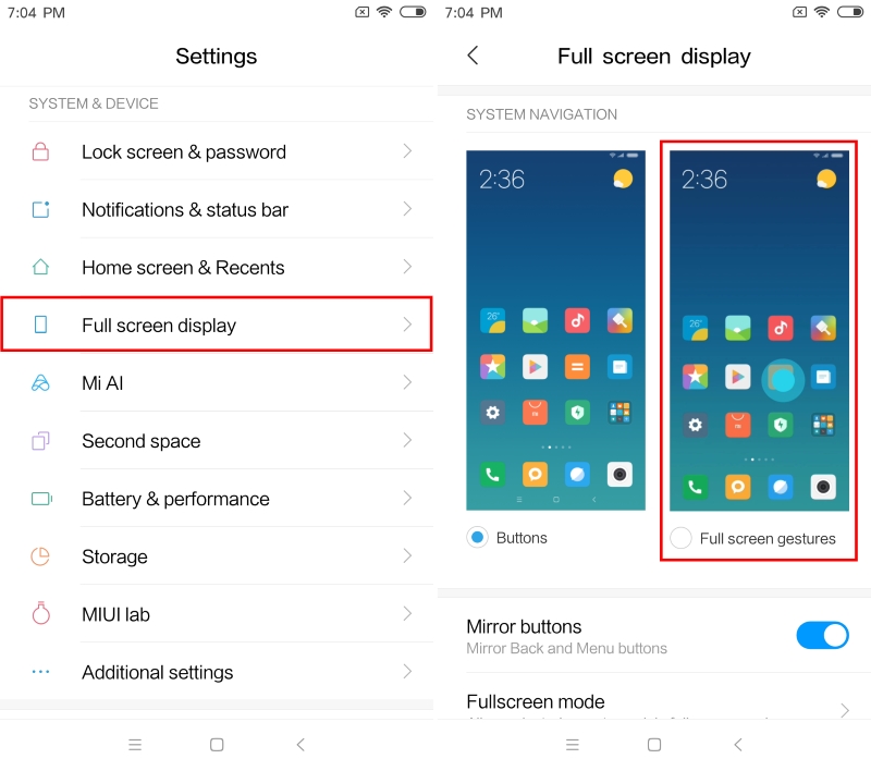 MIUI 10 Enable Full Screen Gestures