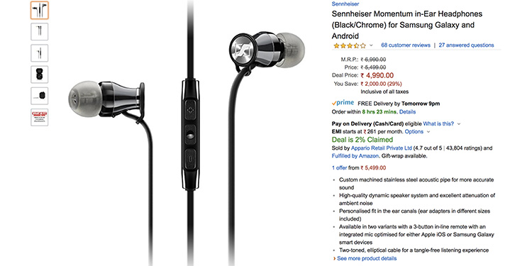 Buy the Sennheiser Momentum In-Ear Earphones for Just Rs 4,999 (29% Off) on Amazon