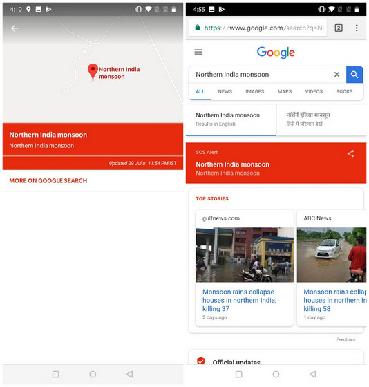 Google Maps Alerting Users in North India with SOS About Heavy Monsoon