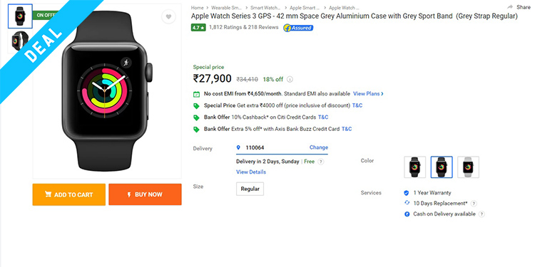 Apple Watch Series 3 Available For Rs. 27,900 on Flipkart; Lowest Online Price Ever