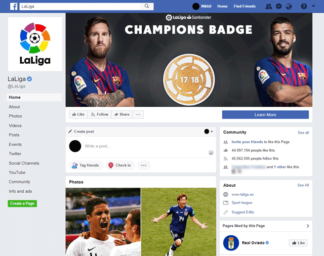 La Liga Page on Facebook. There's no indication that matches are live when you visit this page