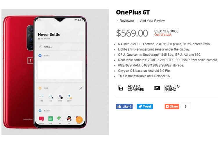 OnePlus 6T Accidentally Goes on Pre-Order, Full Specs and Pricing