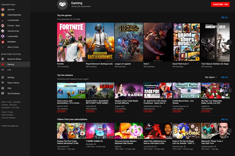 YouTube Gaming website