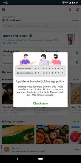 You Can No Longer Use Zomato Gold When Dining Out Alone