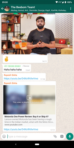 WhatsApp Android Beta Gets Picture-in-Picture Mode for YouTube, Instagram Videos