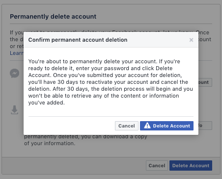 facebook delete account pop-up