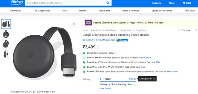 Google Chromecast 3 Goes Up For Pre-Order on Flipkart For Rs 3,499