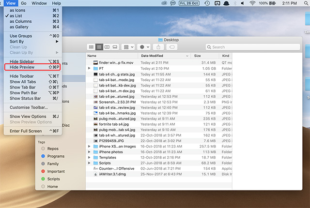 How to Hide Finder Preview Pane in macOS Mojave