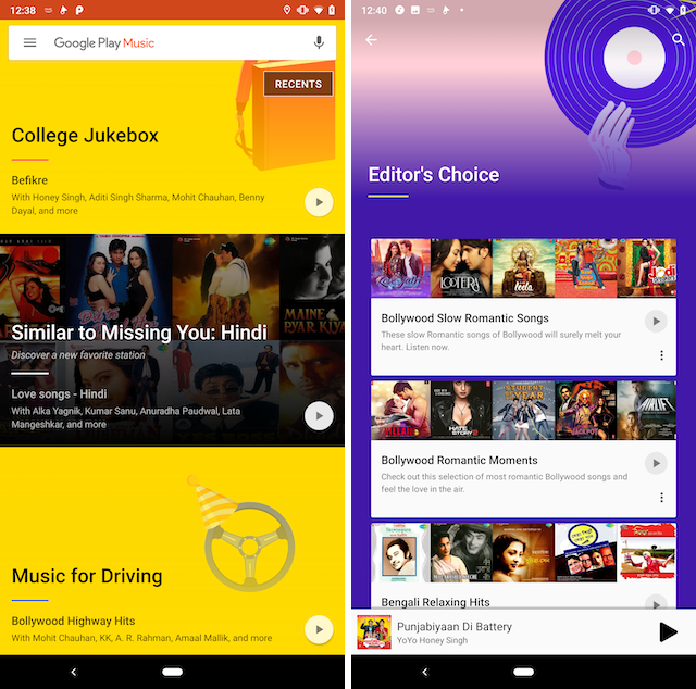 Google Play Music home screen and curated playlist