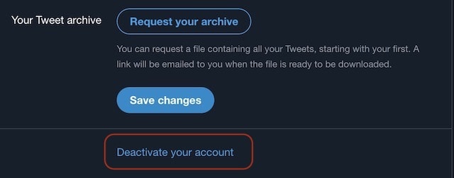 twitter web disable your account option