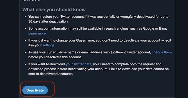 Twitter deactivation option on web