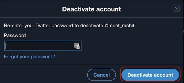 Twitter web deactivation confirmation screenshot