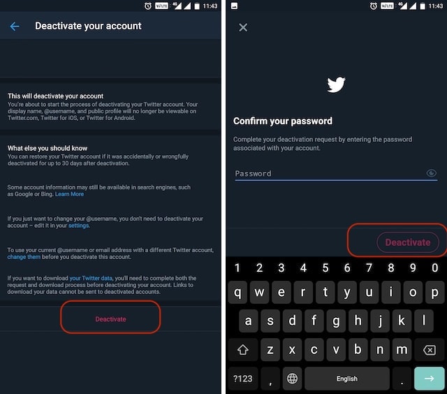 confirm deactivation on twitter app