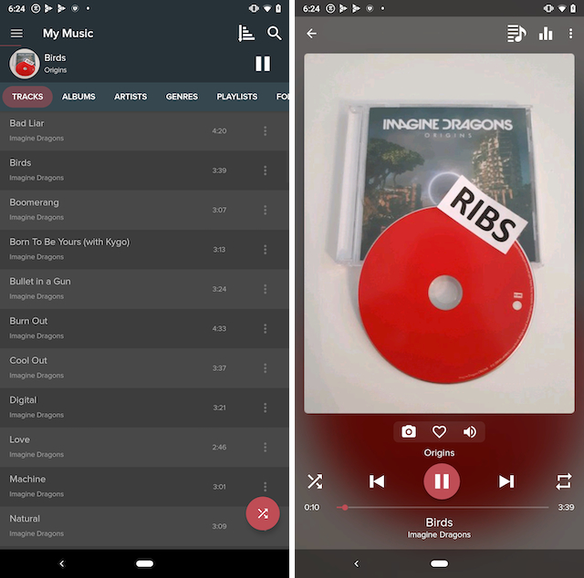 Pie Music Player my music screen and now playing screen