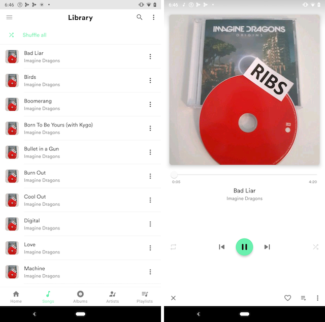 Retro Music Player library screen and now playing