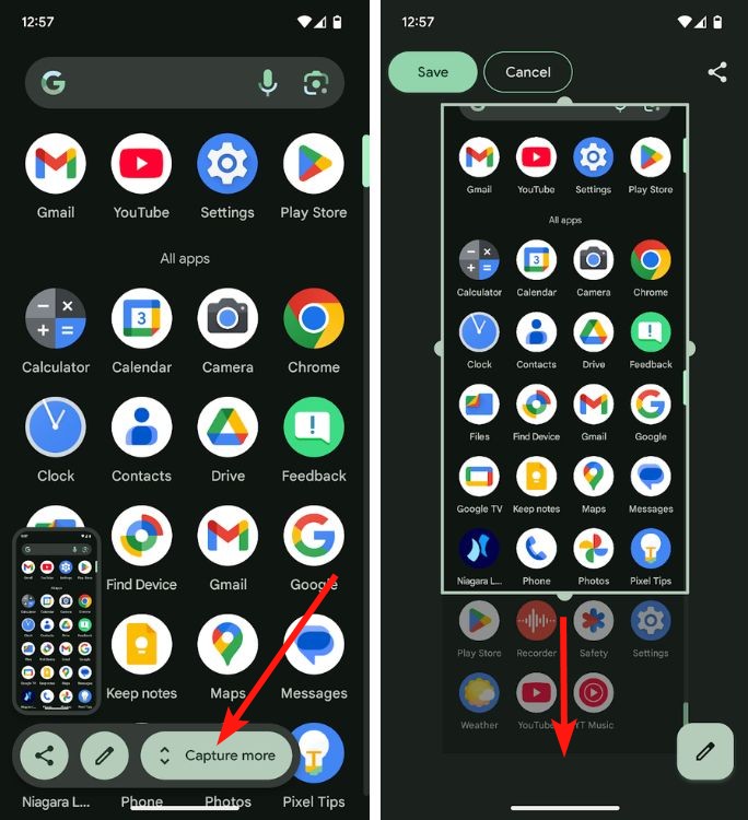 Screenshot preview on Google Pixel with Capture more button