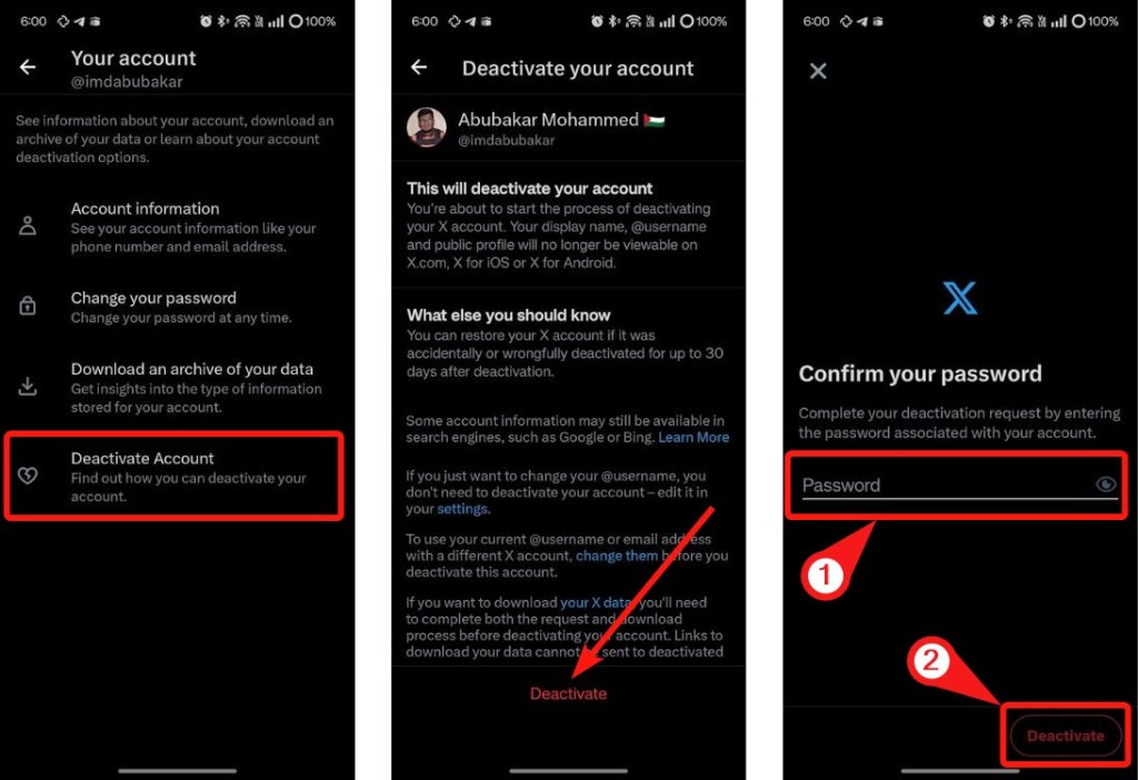 Deactivate X account - delete twitter account