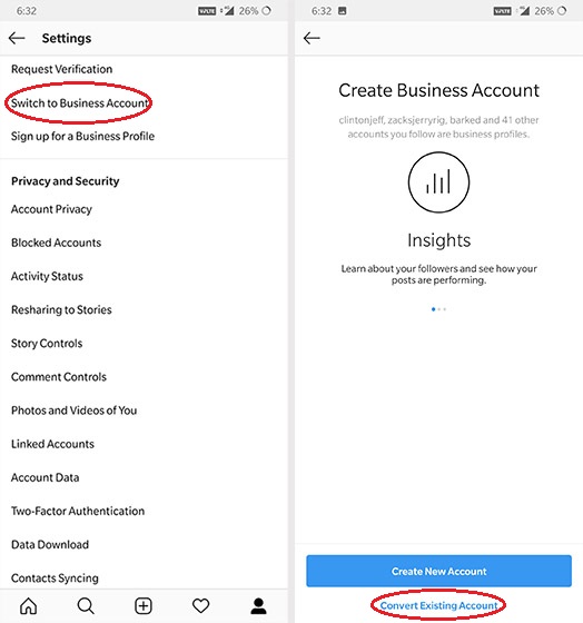Screenshot showing how to switch to Instagram business account