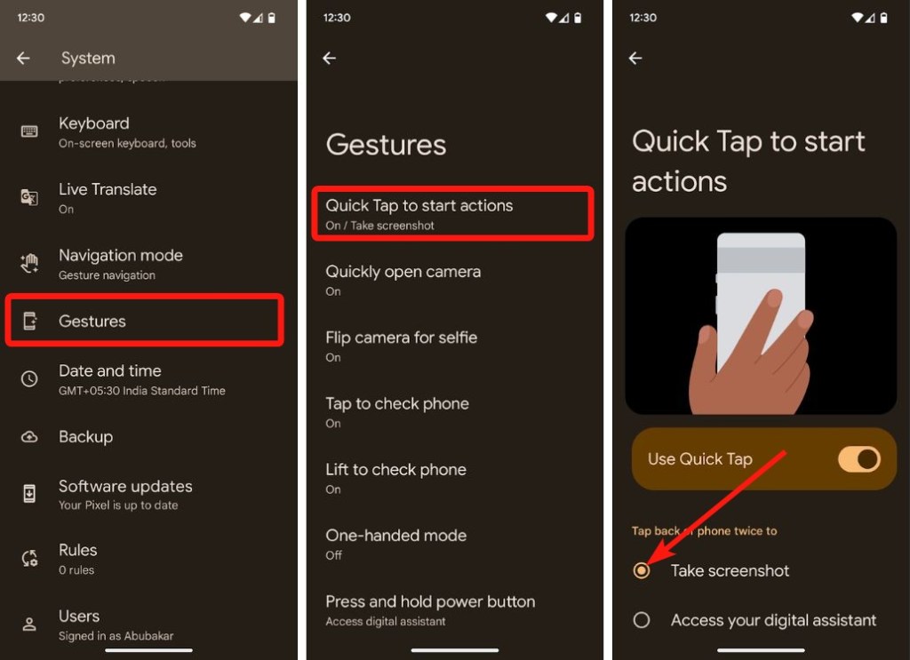 Google Pixel Gestures settings, Quick Tap for Screenshots