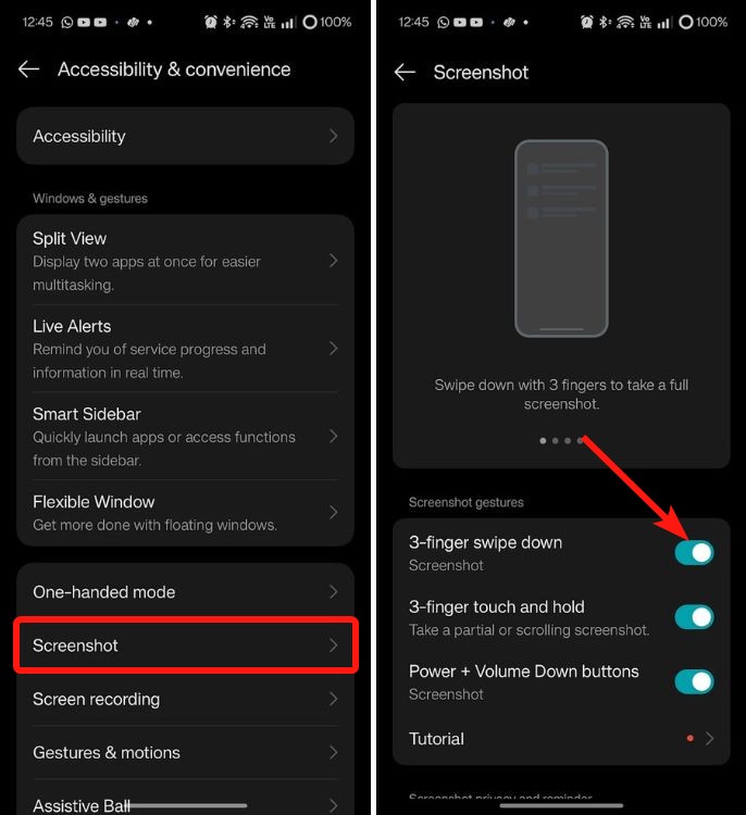 Screenshot menu in accessibility and convenience on OnePlus device