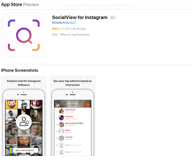 Screenshot der SocialView für Instagram-App-Liste