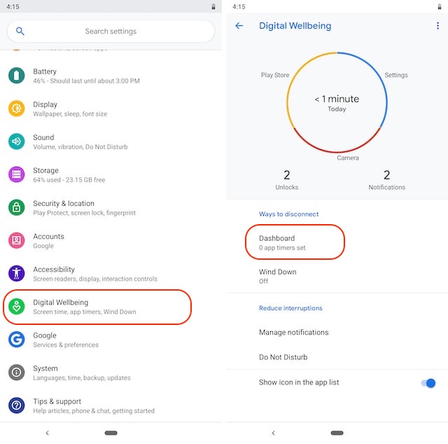 accessing digital wellbeing in android pie