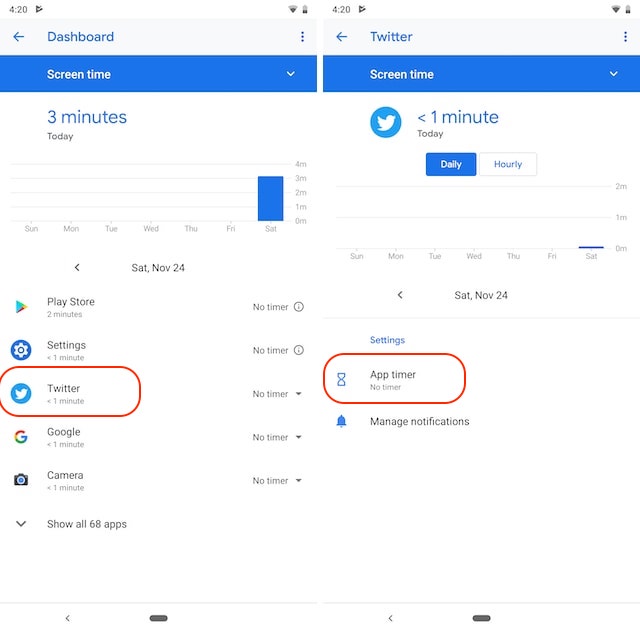 screentime dashboard showing individual app usage