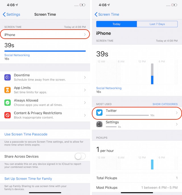 accessing individual apps in screen time