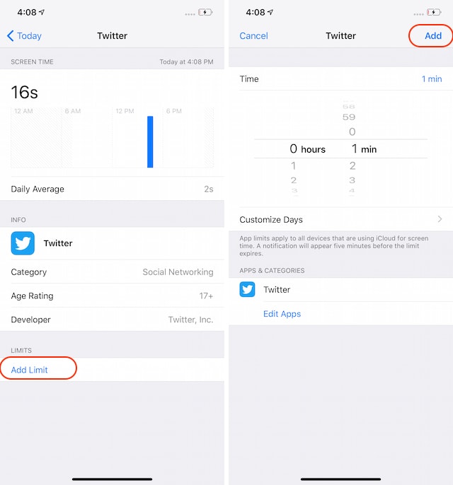 adding a limit on twitter in screen time