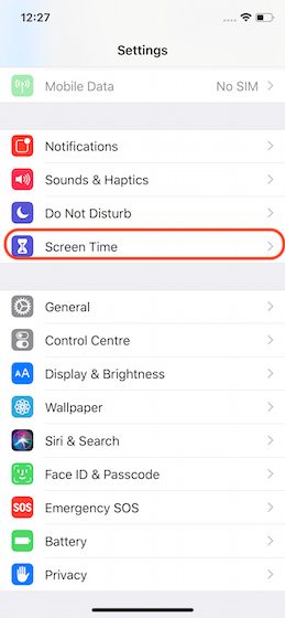 screen time option in iOS settings
