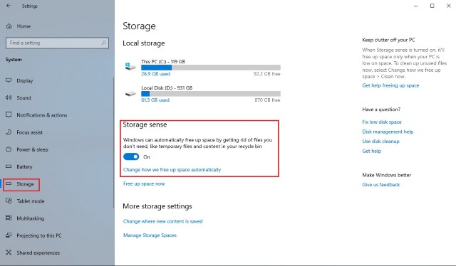 2. Use Storage Sense to Manage Storage