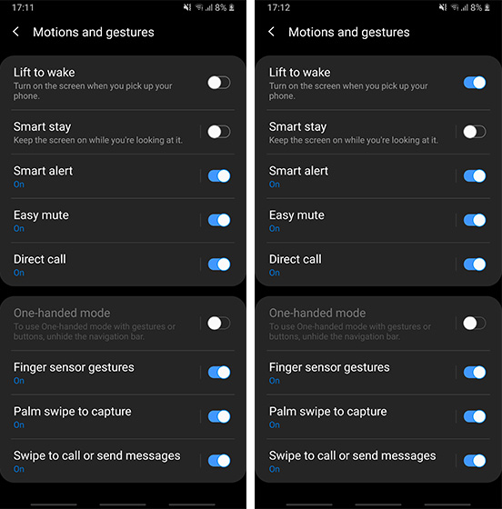 screenshot showing lift to wake enabled in One UI settings