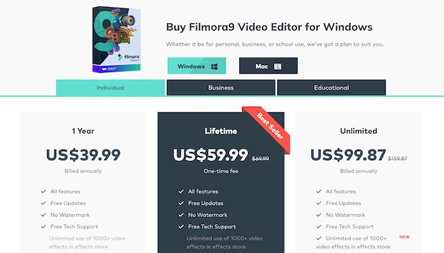 filmora9 pricing screenshot