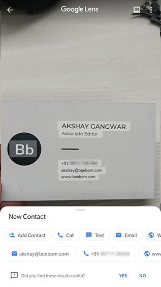 google lens scan visiting cards