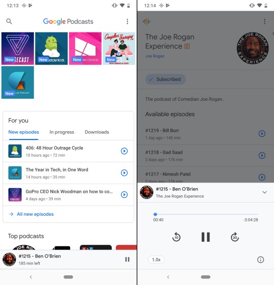 google podcasts homescreen and player UI