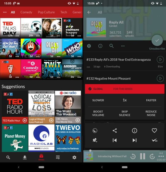 player FM homescreen and now playing screen with controls