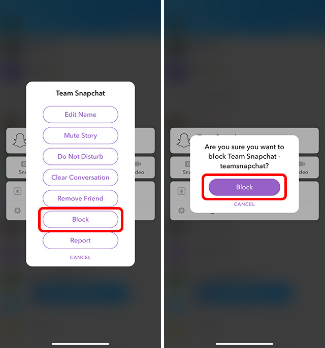 snapchat screenshot showing block option in menu