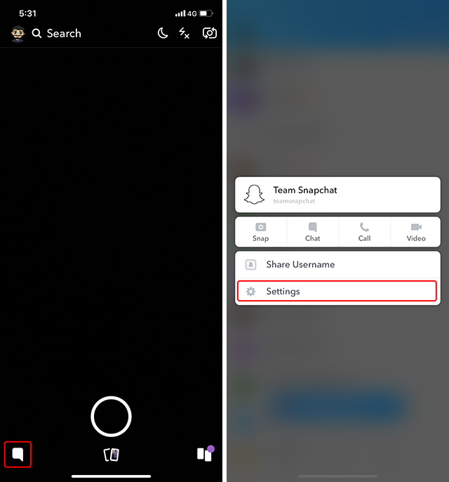 snapchat app showing friends icon and settings