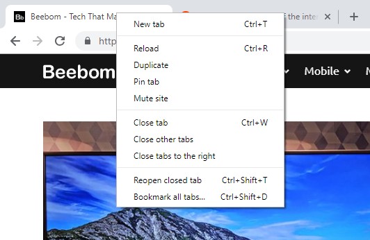 3. right click menu on Chrome tab