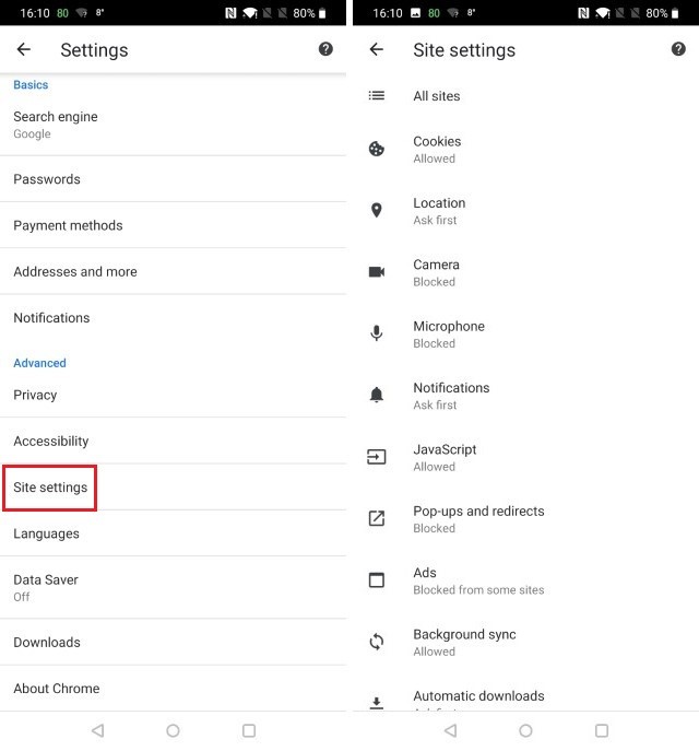 Browser settings content notifications