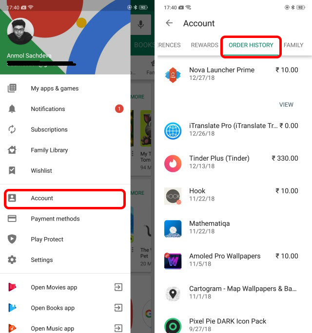 screenshot showing order history in play store