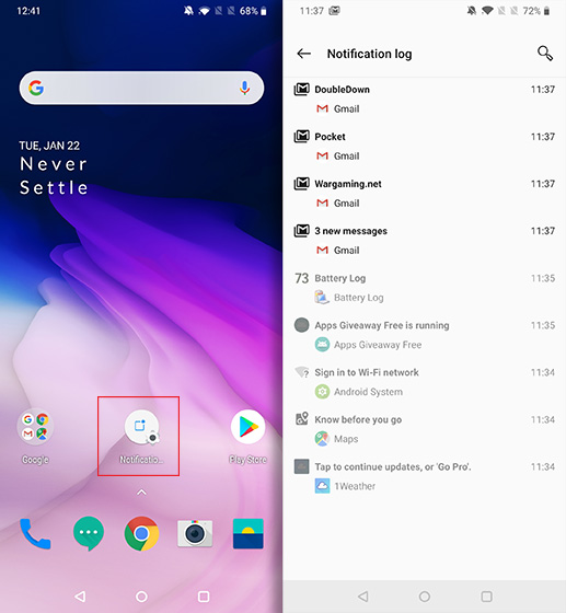 Cool Android Shortcuts notifcations log history