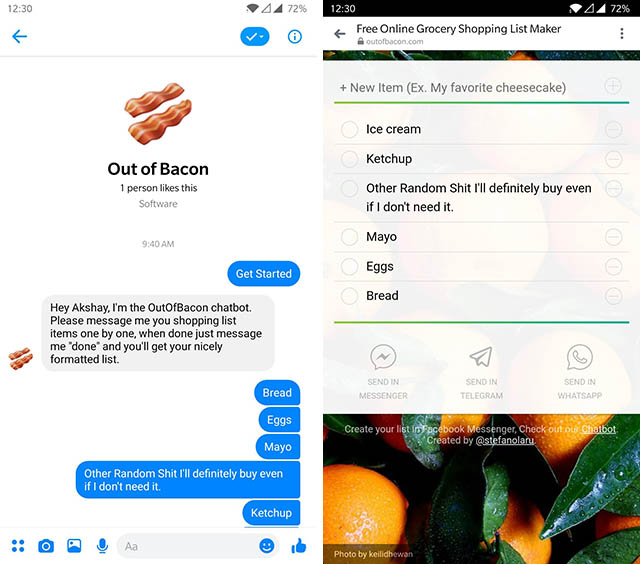 out of bacon messenger bot screenshot