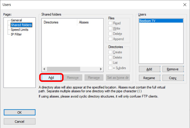 filezilla add shared folders