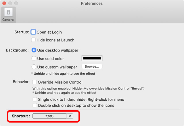screenshot of HiddenMe's preferences screen with the keyboard shortcut annotated