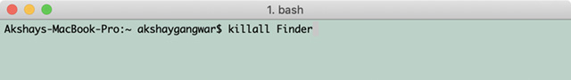 screenshot of terminal command to restart finder in mac